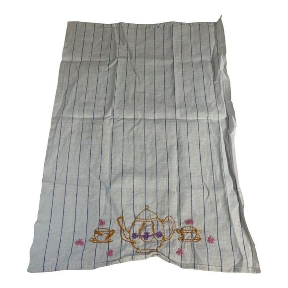 Flour Sack Teapot Embroidered Striped Beige 38x58 Tea Towel Country Cottage Core - Picture 4 of 4